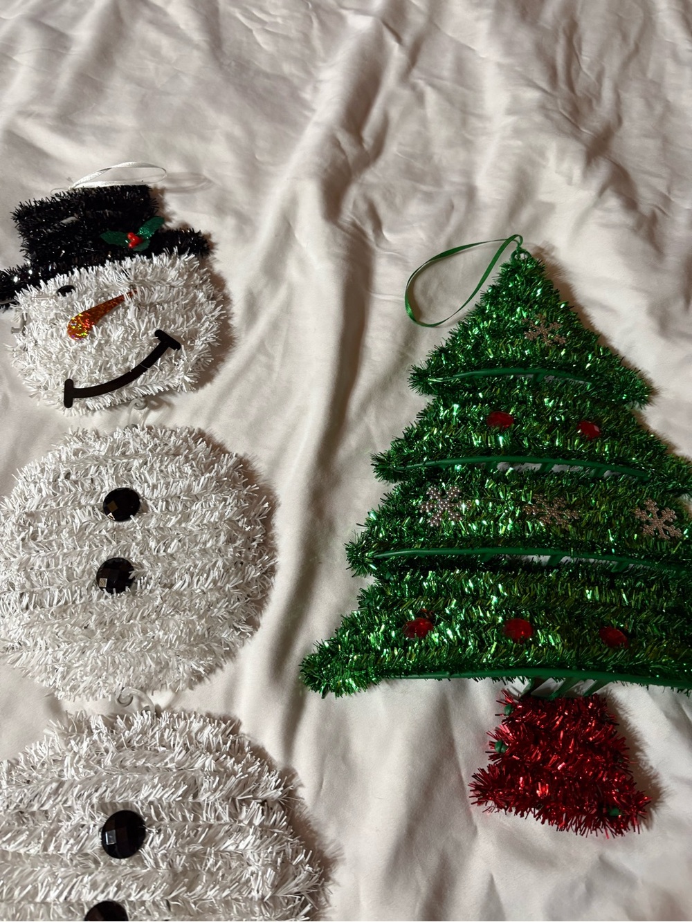 Green Tinsel Christmas Tree & White Tinsel Snowman Hanging Holiday Decor
